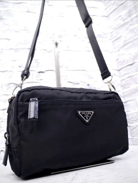 美品◆ PRADA プラダ テスート ナイロンxレザー クロスボディ ショルダー カメラ バッグ ポーチ ポシェット 黒◆ クロスボディ仕様の定番♪