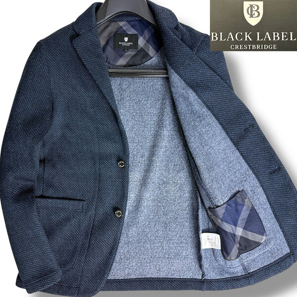J6457 美品 ブラックレーベルクレストブリッジ チェック柄裏地 フリース裏地ニットジャケット ネイビー M BLACK LABEL CRESTBRIDGE