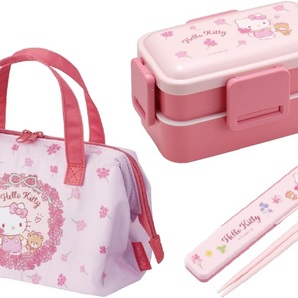 新品未開封◆Skaterお弁当箱3点セット◆ハローキティサンリオ2段600mlランチボックスお箸がま口保冷バッグ 女子女性学生大人 花柄ピンク