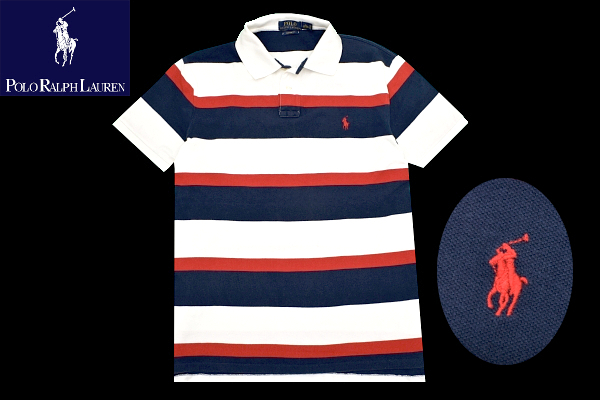 Y-9348★送料無料★POLO RALPH LAUREN ポロ ラルフローレン CUSTOM FIT★現行タグ トリコロールボーダー ポニーロゴ刺繍 半袖 ポロシャツ L