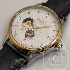 これ1本で機械式/ドレスウォッチの醍醐味を堪能【両面スケルトン/新品】自動巻き ゴールドシルバーコンビ/パールホワイト文字盤/黒革