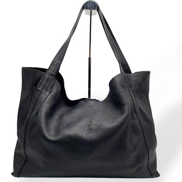 美品 FURLA フルラ トートバッグ 肩掛け レザー シボ革 ブラック A4可