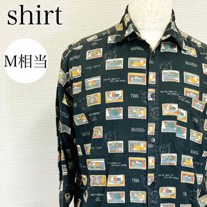 【AA4198】 シャツ Mサイズ相当 トップス 七分袖 羽織り メンズ オープンカラー アートプリント ブラック(黒) カジュアル 総柄 前開き