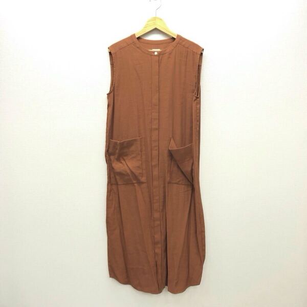 【み018】URBAN RESEARCH DOORS ワンピース One ブラウン ノースリーブ ロング丈 無地 前開き 前ポケット 薄地 ブランド古着 送料無料