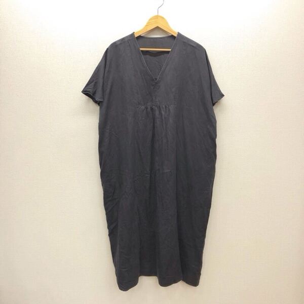 【み057】Green Label Relaxing UNITED ARROWS ワンピース チャコールグレー 半袖 ロング丈 無地 ゆったり Vネック ブランド古着 送料無料