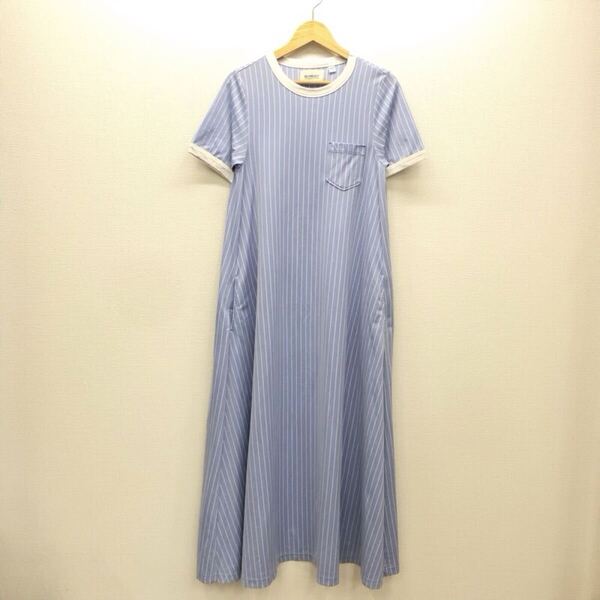 【み071】日本製 BEAMS BOY ストライプ柄ワンピース ライトブルー 半袖 マキシ丈 Aライン 薄地 ポリエステル×綿 ブランド古着 送料無料