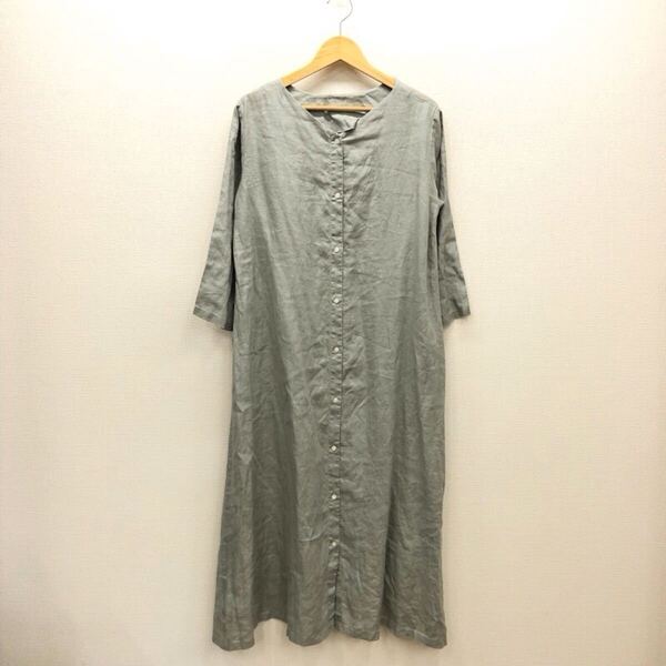 【み083】URBAN RESEARCH DOORS リネンワンピース One くすみグリーン 7分袖 ロング丈 無地 前開き 薄地 ゆったり ブランド古着 送料無料