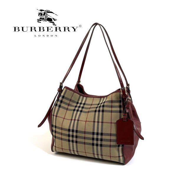 【美品】Burberry バーバリー キャンバス レザー 肩掛け トートバッグ ハンドバッグ ノバチェック 現行タグ レッド イタリア製