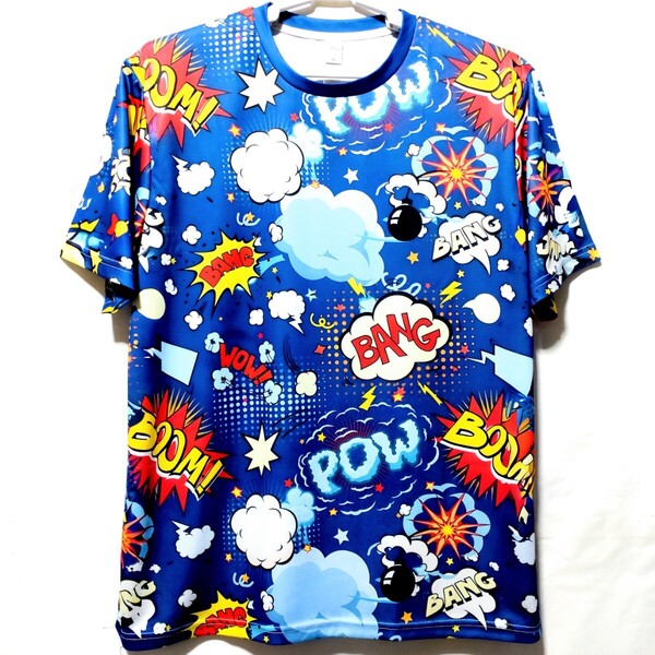 特価/未使用【サイズ=XL(LL)】アメカジ/アメコミ柄/メンズ/メッシュ/半袖/ストレッチ/Tシャツ/胸囲=104~112cm/blue