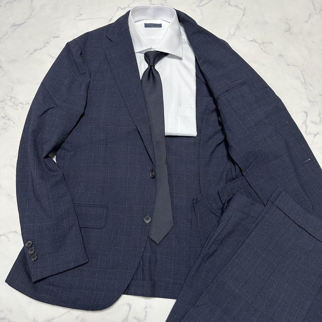 LARDINI スーツ 48 L ラルディーニ　ネイビーストライプ　状態良好美品 春のスーツは艶ネイビーでクラシカルに！！LARDINI