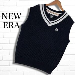 ◆美品◆ NEW ERA ニューエラ ロゴ ワッペン ニット ベスト 黒 × 白 ブラック ホワイト メンズ S ◆送料無料◆ 5055H◇