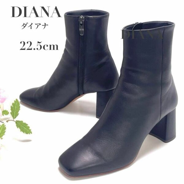 DIANA ダイアナ ショートブーツ ブラック 黒 22.5cm スクエアトゥ ミドルヒール レディース サイドジップ サイドジッパー 日本製
