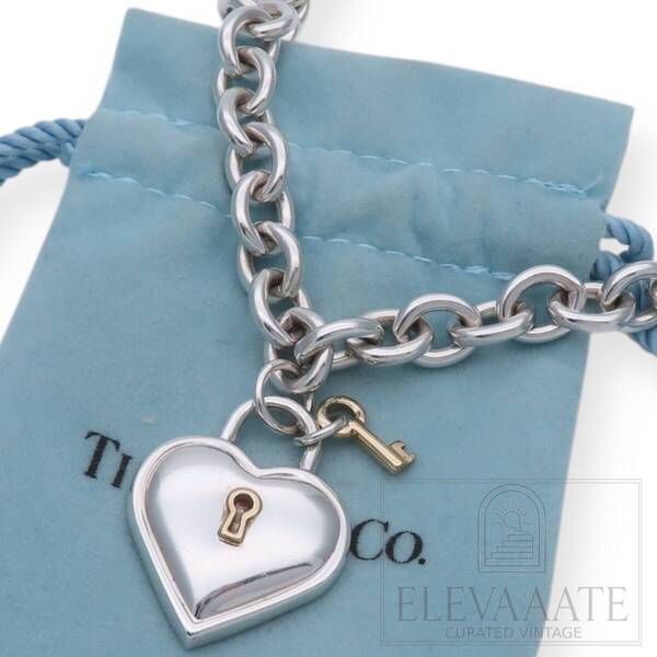 希少 美品 Tiffany&Co. ヴィンテージ ティファニー ロック ハート キー シルバー ゴールド コンビ ネックレス SV925 750 K18 TO205