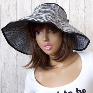 帽子♪レディース リボン付き サンバイザー 折りたたみ まだらブラック