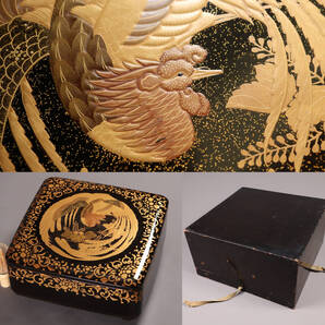 【MA808】時代 加賀蒔絵 桐鳳凰・花唐草 金蒔絵 黒塗 梨地 饅頭箱 饅羹箱 菓子箱 漆芸 伝統工芸品 木製漆器