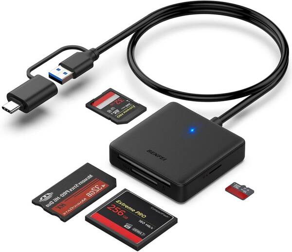 BENFEI USB 3.0/USB-C 4-in-1カードリーダー SD/TF(Micro SD)/MS/CF対応 OTG機能搭載 高速データ転送&同時読み書き可能