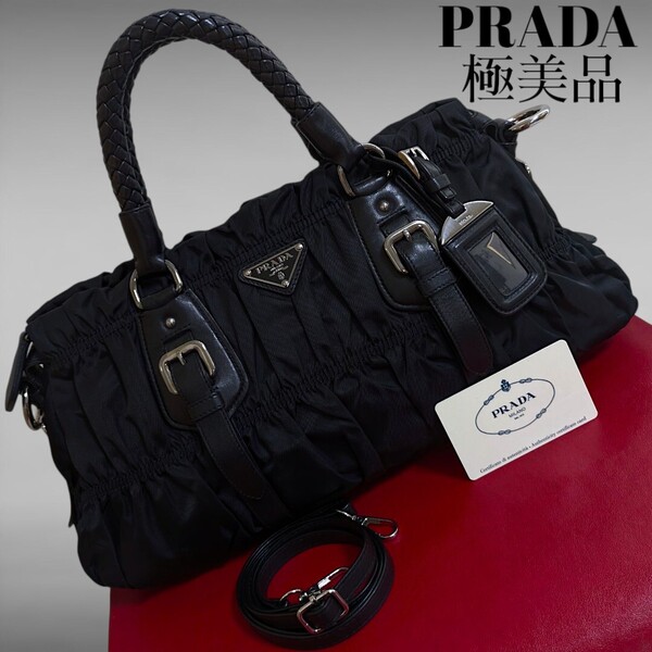 極美品 PRADA ギャランティカード付き ハンドバッグ ショルダーバッグ 斜め掛け ギャザー ブラック 2way 正規品 プラダ レディース バッグ