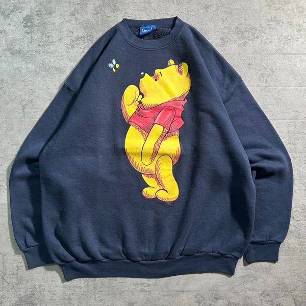 古着 00s Disney POOH ディズニー くまのプーさん キャラクター スウェット トレーナー ネイビー メンズM相当 ヴィンテージ / A3018