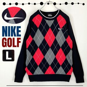 NIKE GOLF/ナイキゴルフ★アーガイル柄クルーネックセーター★ラインリブ★ラグランスリーブ★ゴルフウェア★メンズL