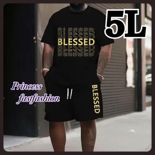 【5L】ブラック 英字ロゴ 半袖Tシャツ&ショートパンツ 上下セット メンズ レディース 男女兼用 大きいサイズ