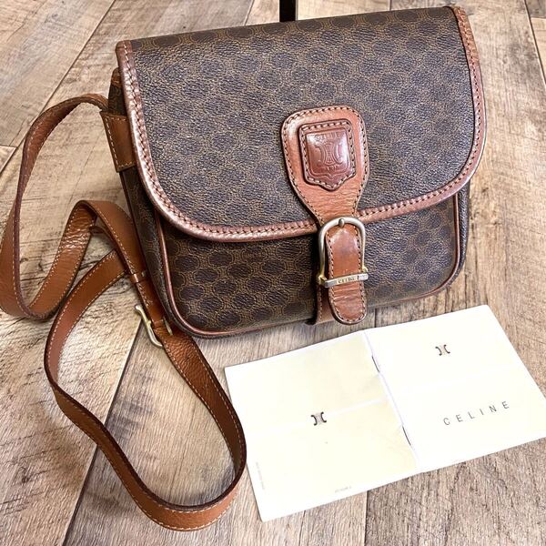 正規品☆CELINE セリーヌ マカダム柄 ミニショルダーバッグ 斜めがけ ブラウン レザーバッグ ポシェット オールド ヴィンテージ レディース