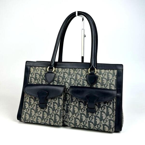 美品●Christian Dior ディオール トートバッグ トロッター 総柄 ベルト ハンドバッグ 肩掛け レザー キャンバス 黒系 濃紺 男女兼用