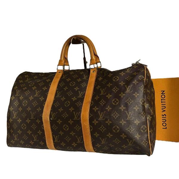 【鑑定済】ルイヴィトン LOUIS VUITTON モノグラム キーポル50 ボストンバッグ 正規品 ブラウン 茶 旅行用かばん