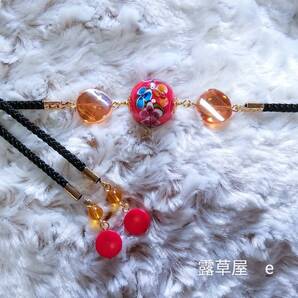 SALE●浴衣用小物 e 花柄朱赤色とんぼ玉 赤珊瑚 浴衣用帯締め 黒色●2