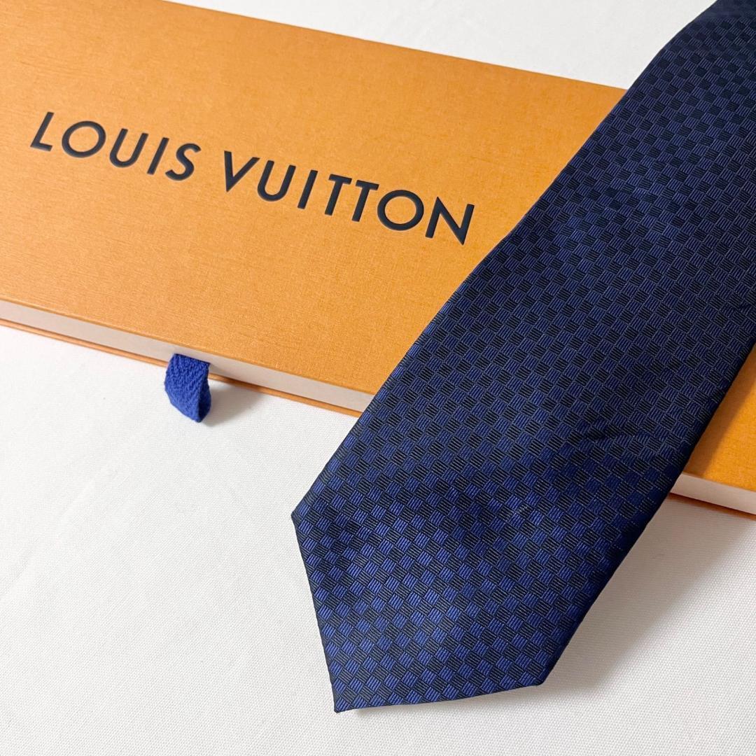 未使用タグ付 箱・袋付 LVルイヴィトン ネクタイ 紺 ダミエ ロゴ
