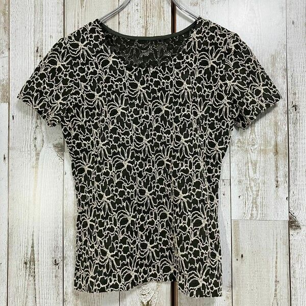 ☆HANAE MORI ハナエ モリ☆日本製☆良品☆カットソー ブラウス Tシャツ M 総柄 グリーン 半袖 刺繍 レーヨン レディース Uネック d5120