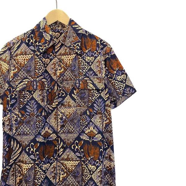 50s ビンテージ コットン ハワイアン 半袖 オープンカラー シャツ M位 ネイビー 猫目ボタン 50年代 ヴィンテージ vintage Hawaiian