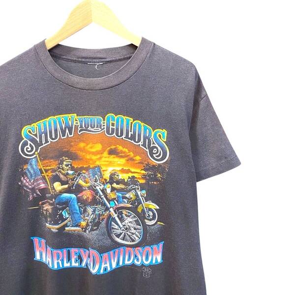 80s ビンテージ ハーレーダビッドソン プリント Tシャツ L位 ブラック フェード 80年代 ヴィンテージ Harley-Davidson バイカー チョッパー