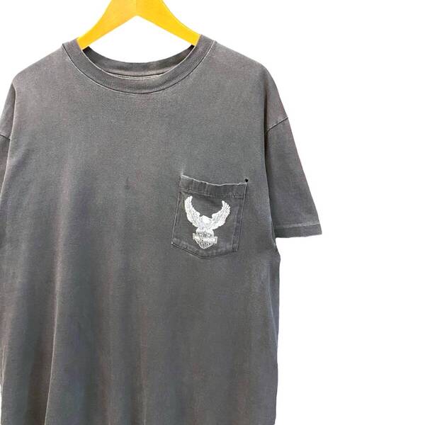90s ビンテージ ハーレーダビッドソン 両面プリント ポケ付き Tシャツ L ブラック フェード アメリカ製 90年代 Harley-Davidson バイカー