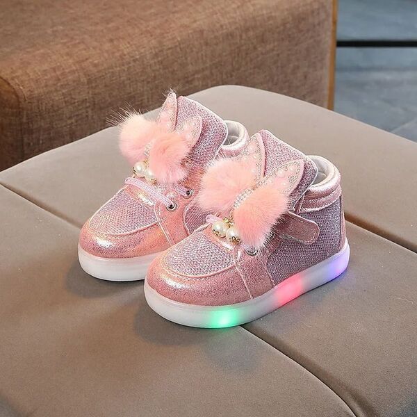 17cm キッズ 光る スニーカー シューズ 靴 LED キラキラ かわいい 韓国 うさ耳 ふわふわ 女の子 子ども お揃い ダッド ピンク GH0110