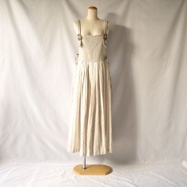 Euro vintage beige stripes linen onepiece ユーロヴィンテージ リネン ベージュ サイド編み上げ ストライプ マキシワンピース 古着