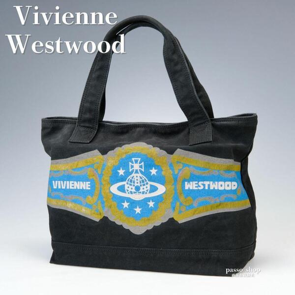 希少Vivienne Westwood ヴィヴィアンウエストウッド トートバッグ オーブ キャンバス オーブ 黒 ブラック コットン 肩掛け 大容量