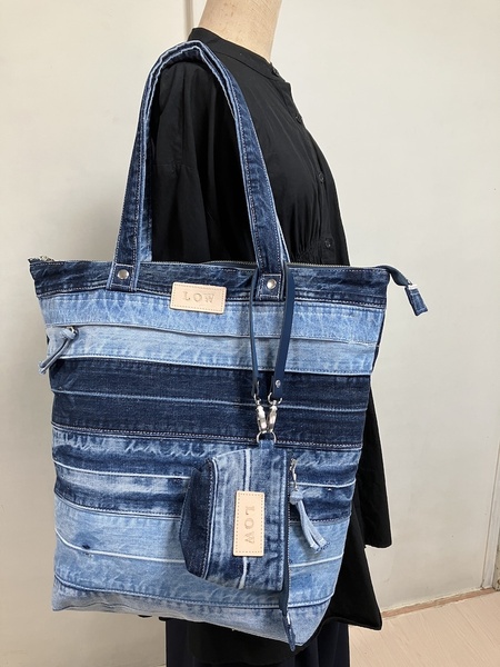 デニムリメイクバッグ ハンドメイド LOW オリジナル トートバッグ ベルトボーダー パッチワーク リメイク 男女兼用 大容量