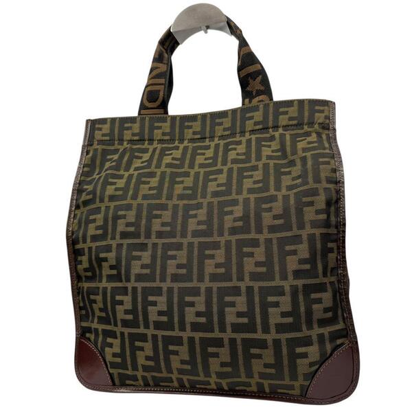 【A4対応】FENDI フェンディ 折り畳み可能 ズッカ柄 FFロゴ ハンドバッグ 手提げカバン おでかけ キャンバス レザー カーキ系 ブラウン系