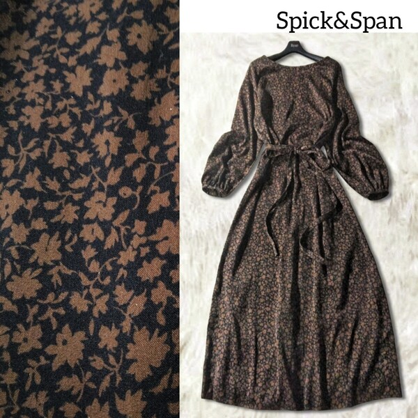 58 【Spick&Span】 スピックアンドスパン 花柄 ロングワンピース ロングガウン 黒 ブラック ブラウン フラワー 総柄 ベルト 薄手 2way 長袖