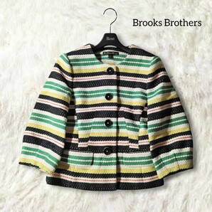 35 【Brooks Brothers】 ブルックスブラザーズ ノーカラー 秋 ジャケット 0 ボーダー ブラック ホワイト グリーン イエロー レッド 総柄