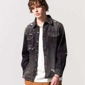 glamb 22AW ダメージデニムシャツ ブラック Lサイズ 芸術的加工 美品 Damaged Denim SH Black L Distressed Shirt Artisan Finish