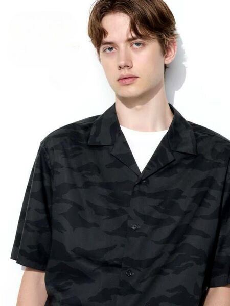 ユニクロ オープンカラーシャツ L ブラック 迷彩 総柄 半袖 開襟シャツ UNIQLO Open Collar Shirt L Black Camo Pattern Short Sleeve