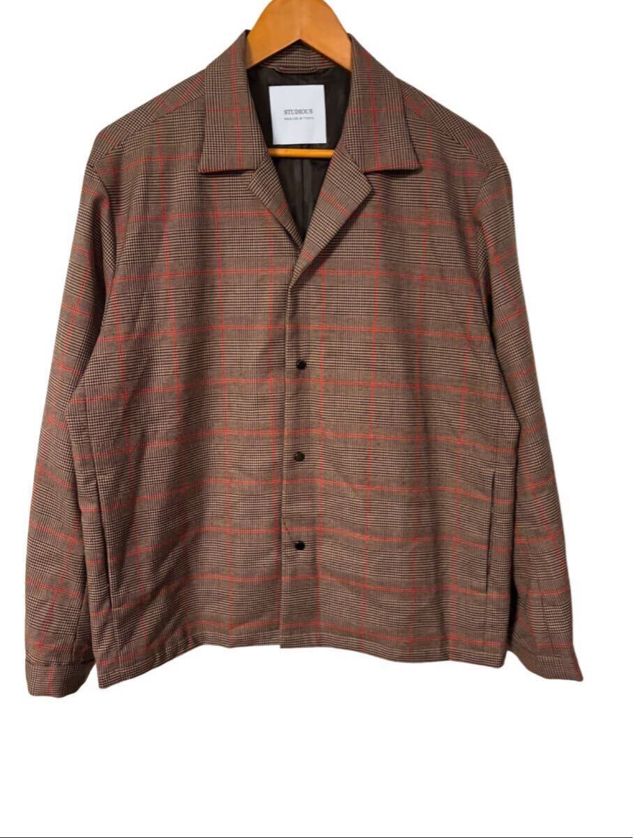 STUDIOUS オープンカラーチェックコーチジャケット サイズ2 OPEN COLLAR check COACH JACKET 長袖 ウール混 ステュディオス