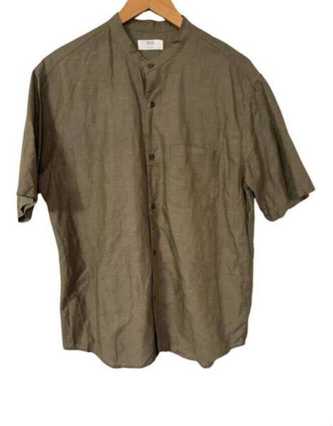 ユニクロ 麻コットン バンドカラーシャツ 半袖 カーキ Mサイズ ベトナム製 UNIQLO Linen Cotton Band Collar Shirt Khaki b