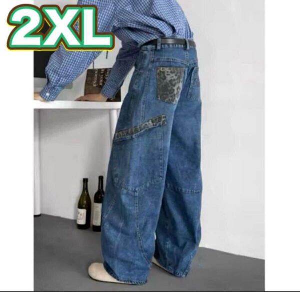 デニムパンツ ワイドパンツ ジーンズ 2XL メンズ ブルー サイドポケット ストリートカジュアル B系ファッション オルチャン Y2K