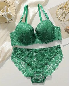 【新品】Lサイズ ワイヤー入り モールドカップブラジャー&レースショーツセット★216b.グリーン緑★D80,B85,C85