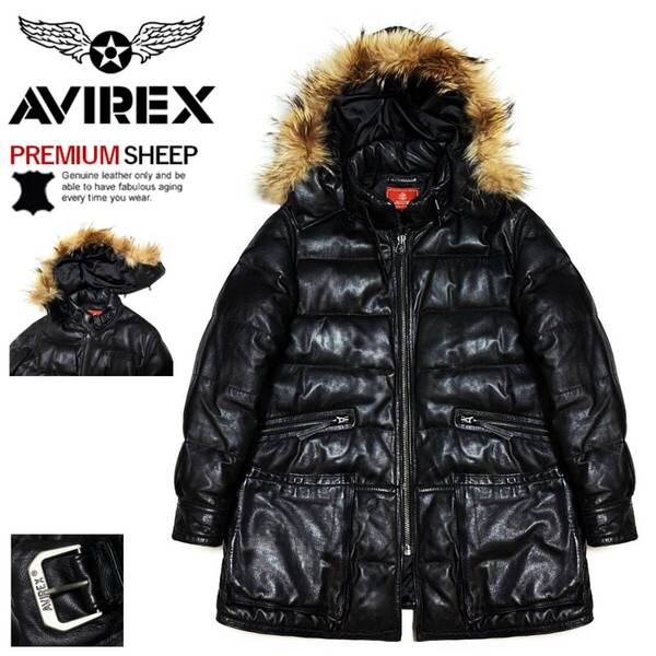 希少! 絶版 AVIREX アヴィレックス コヨーテファー 極上羊革 オールレザー TYPE B-7 2WAY フーデッド ダウンコート XL 黒 羊革 ジャケット