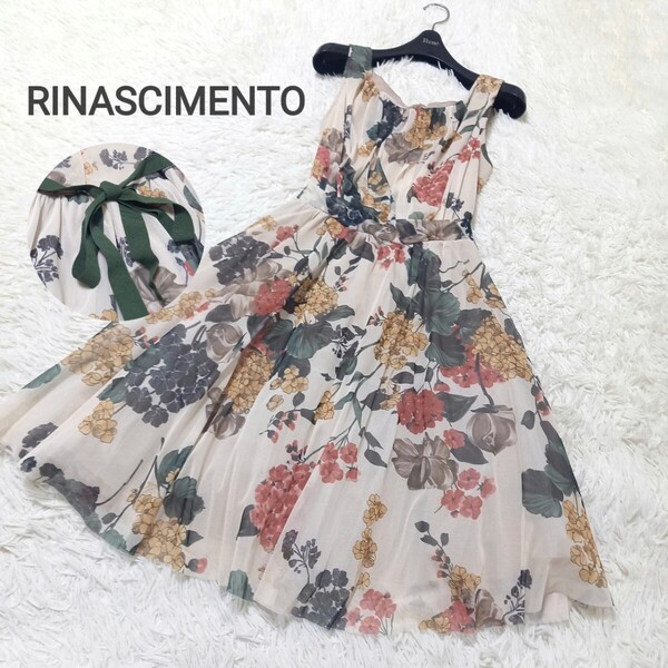 【美品】 RINASCIMENTO リナシメント 花柄 フラワー オーガンジー チュール ロング ワンピース ノースリーブ リボン ドレス Aライン フレア