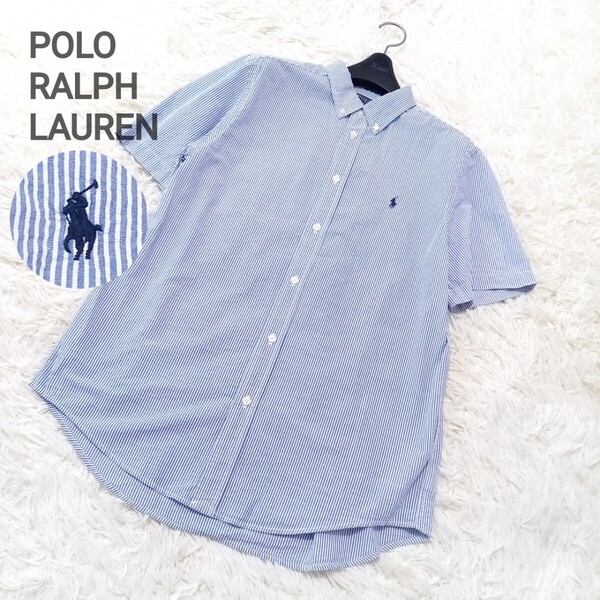 【大きめXL】 POLO RALPH LAUREN ポロラルフローレン ボタンダウン シャツ ブラウス シアサッカー ストライプ 半袖 ブルー 青 レディース