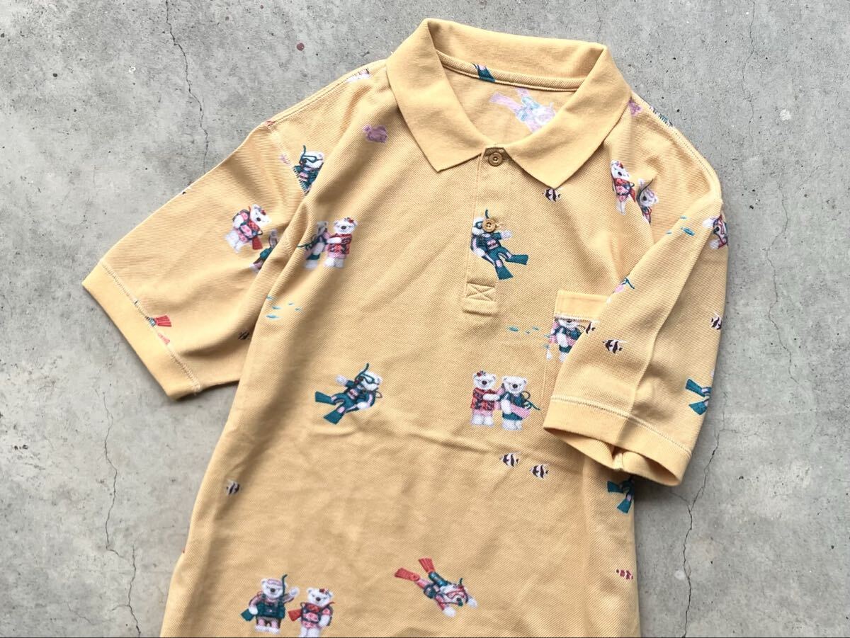 【リゾート美品】人気柄Papas くまさん総柄プリント高級コットン半袖ポロシャツ リゾート美品】人気柄Papas くまさん総柄プリント高級コットン
